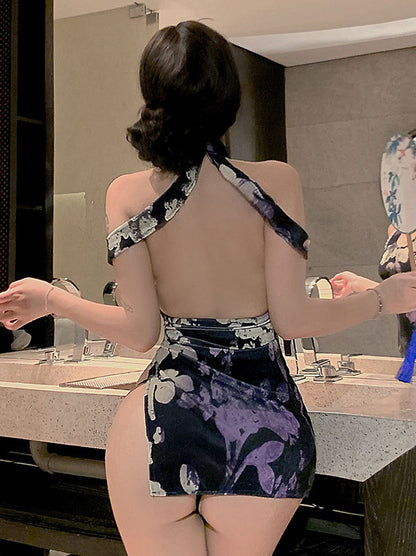 Lingerie Chemise Flower Pattern Open Lower Side Cheongsam UM1398