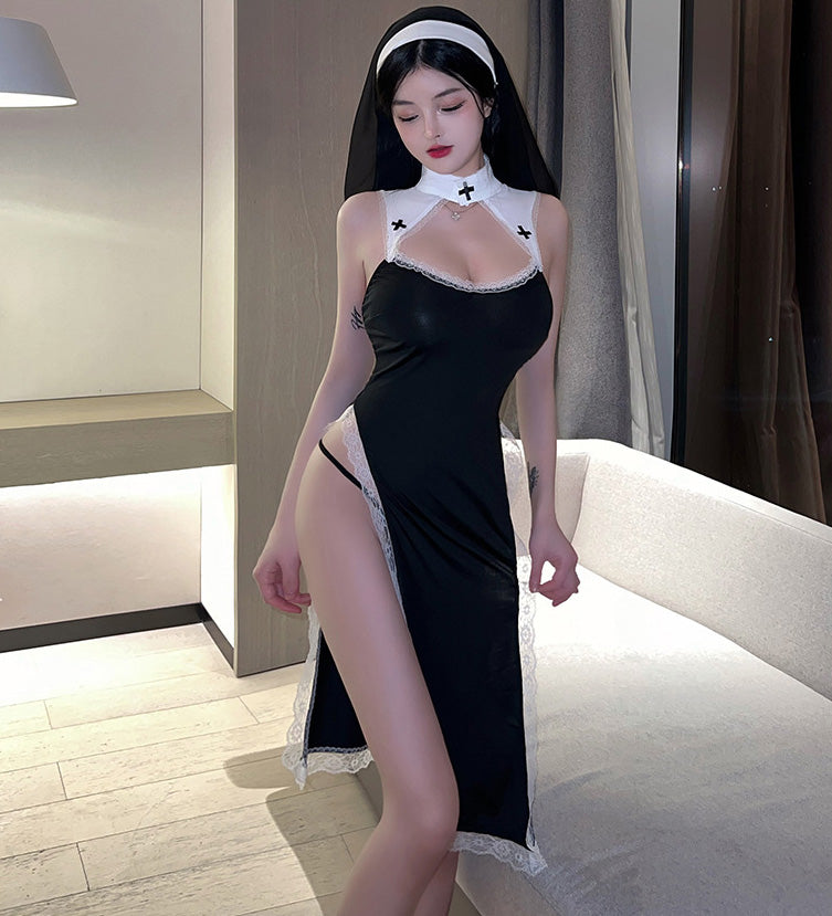 Lingerie Costume Nun Babydoll Long Lace Trim Open Sides Low UO0670