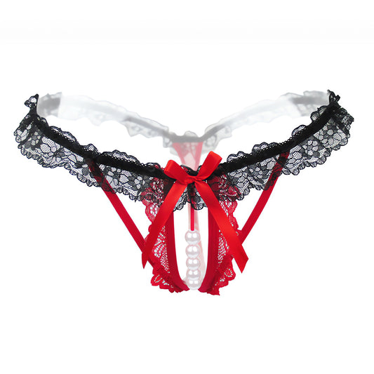 Lingerie Panty Thong Pearls Dual Tone Lace UPNK04