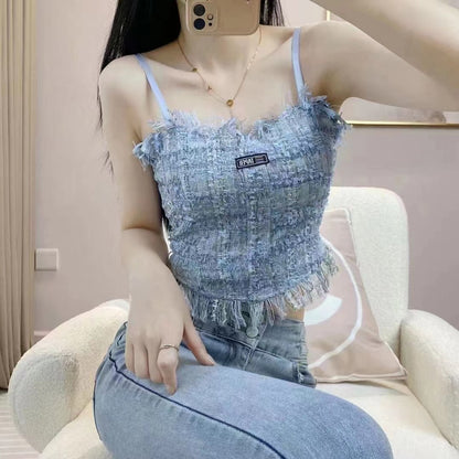 Tank Top Bra Slim Vest Plaid Tassel WUT2258