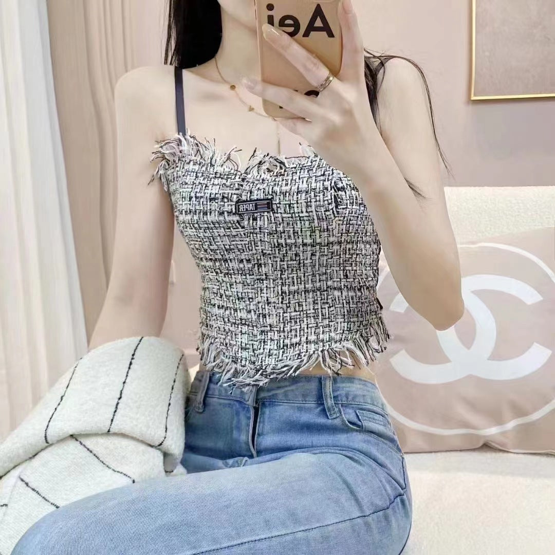 Tank Top Bra Slim Vest Plaid Tassel WUT2258