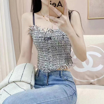 Tank Top Bra Slim Vest Plaid Tassel WUT2258