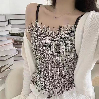 Tank Top Bra Slim Vest Plaid Tassel WUT2258