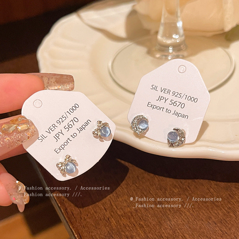 Earring High End Bow and Moon Blue Cat's Eye Stone XEA1462 XEA1463