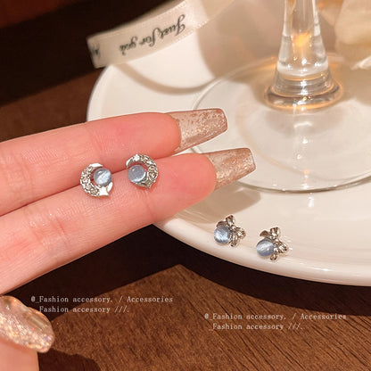 Earring High End Bow and Moon Blue Cat's Eye Stone XEA1462 XEA1463