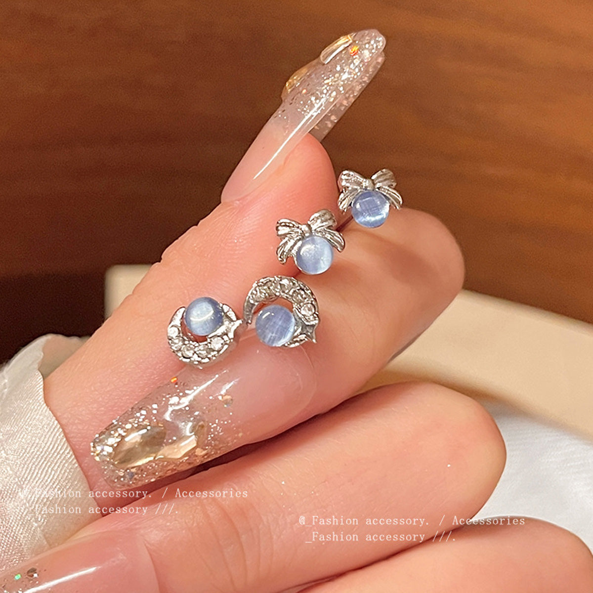 Earring High End Bow and Moon Blue Cat's Eye Stone XEA1462 XEA1463