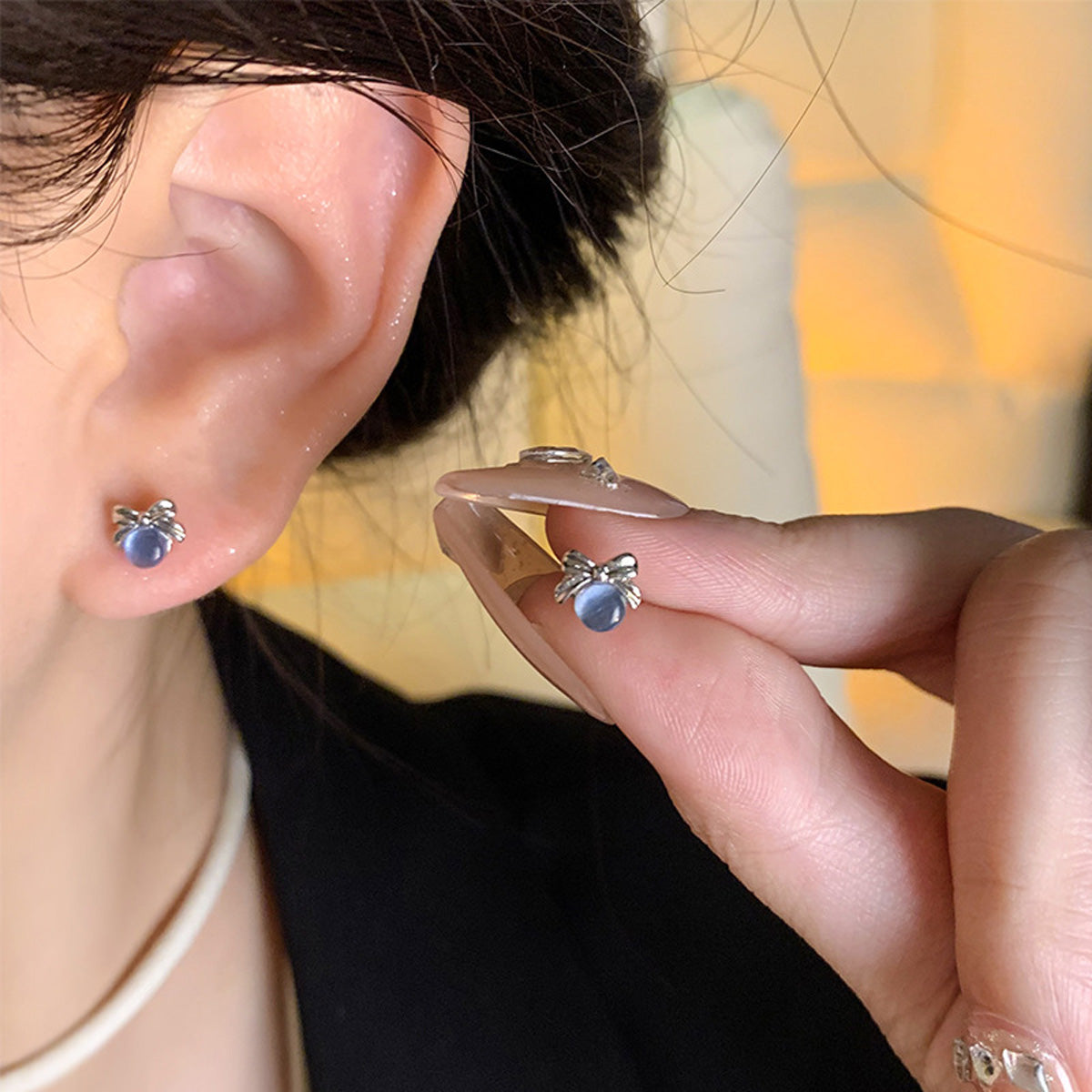 Earring High End Bow and Moon Blue Cat's Eye Stone XEA1462 XEA1463