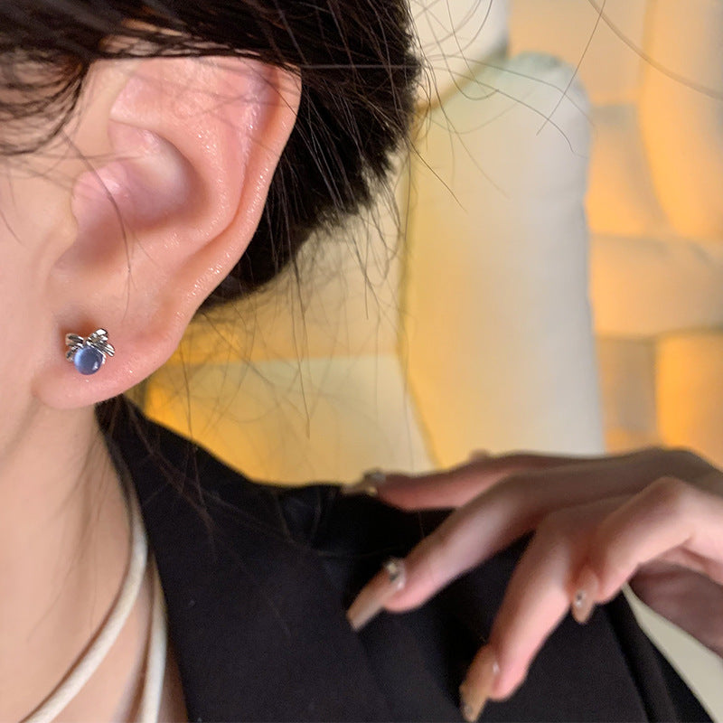 Earring High End Bow and Moon Blue Cat's Eye Stone XEA1462 XEA1463