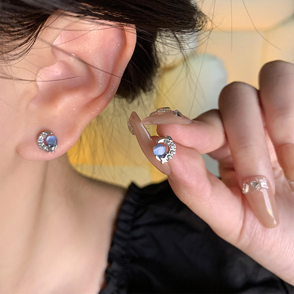 Earring High End Bow and Moon Blue Cat's Eye Stone XEA1462 XEA1463