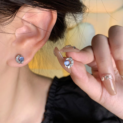 Earring High End Bow and Moon Blue Cat's Eye Stone XEA1462 XEA1463