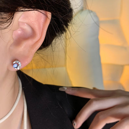 Earring High End Bow and Moon Blue Cat's Eye Stone XEA1462 XEA1463