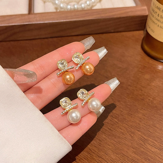 Earring Stud Light Luxury Niche Square Zircon Pearl XEA1648