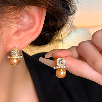 Earring Stud Light Luxury Niche Square Zircon Pearl XEA1648