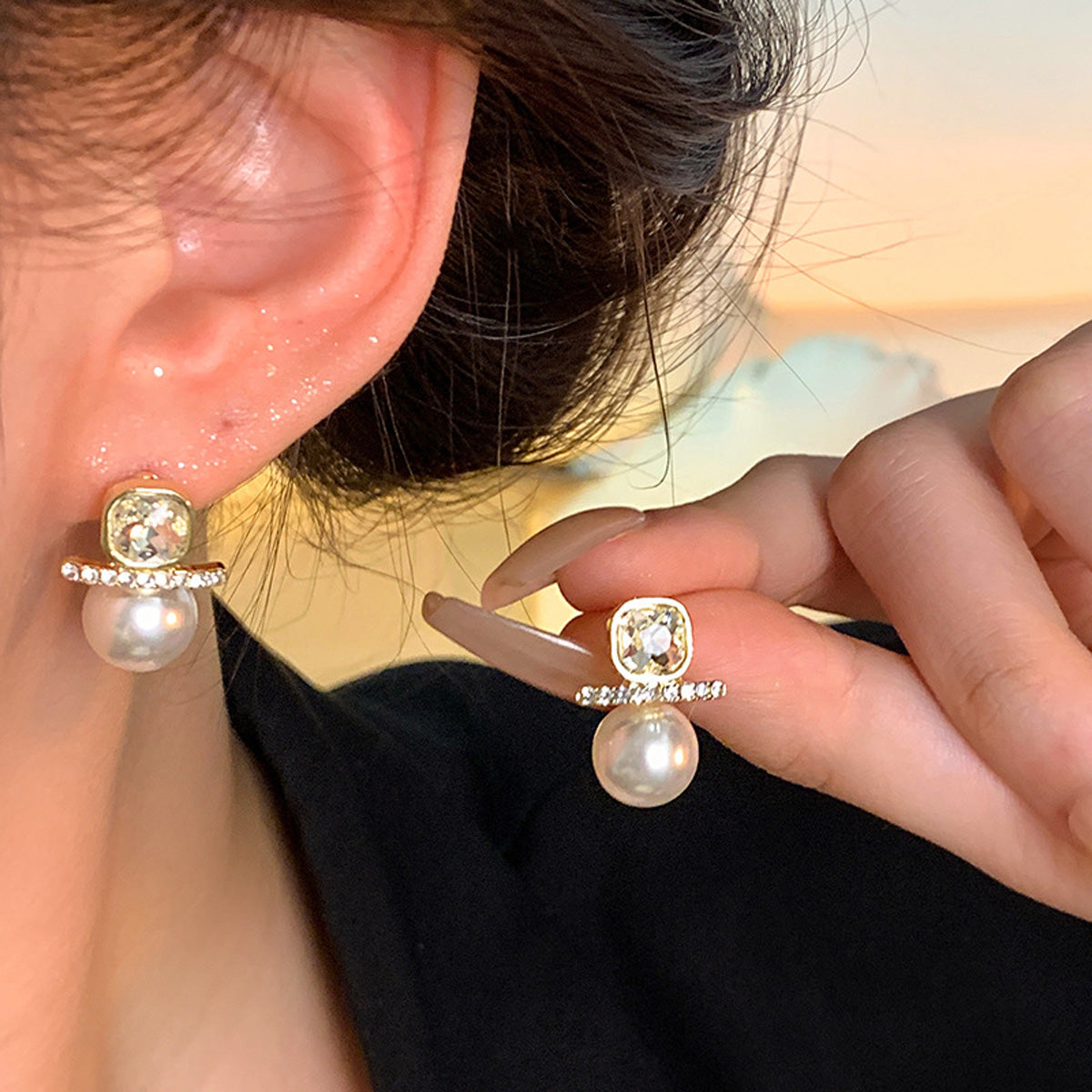 Earring Stud Light Luxury Niche Square Zircon Pearl XEA1648