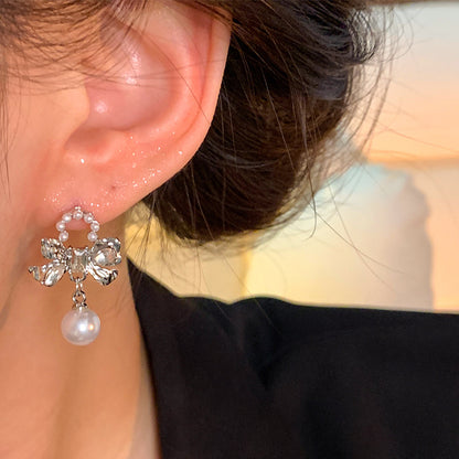 Earring Stud Niche Diamond Bow Pearl XEA1649
