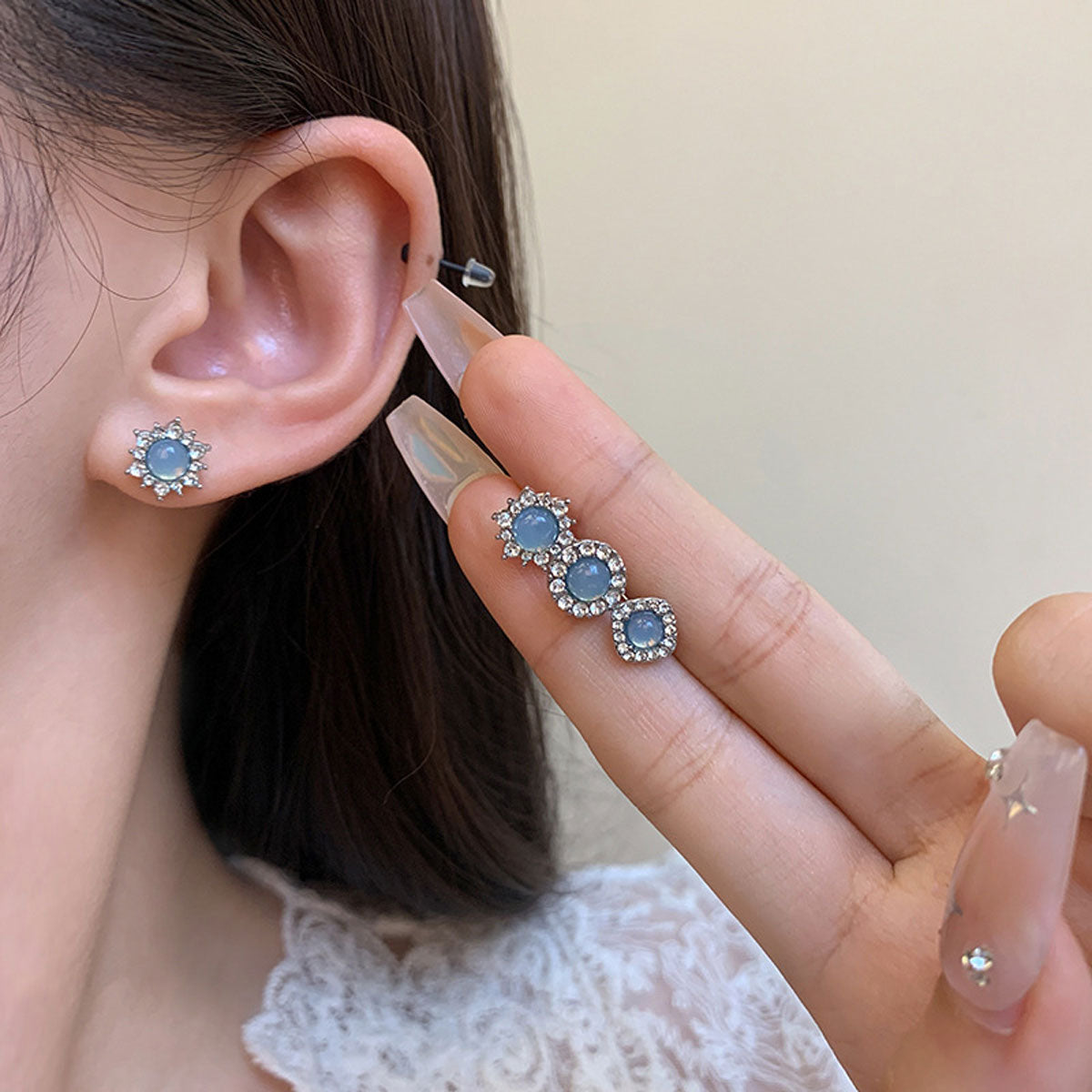 Earring Stud Light Luxury Niche Exquisite Blue Crystal Geometric XEA1874