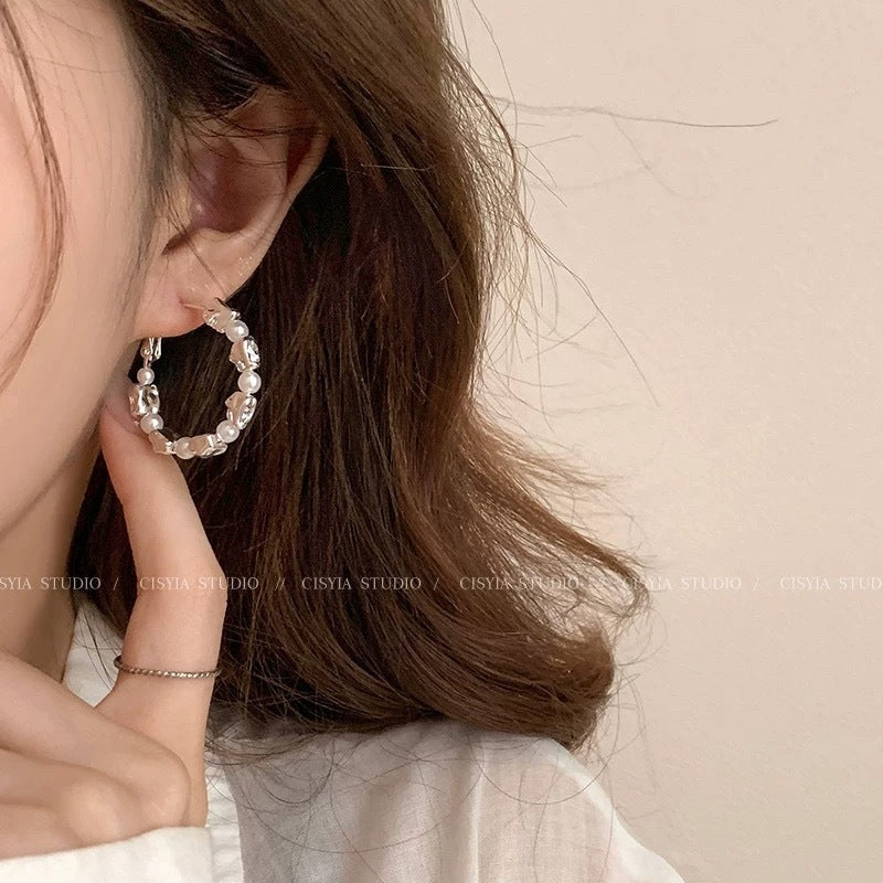 Earring Hoop Super Flash Broken Silver Circle Pearl XEA1906