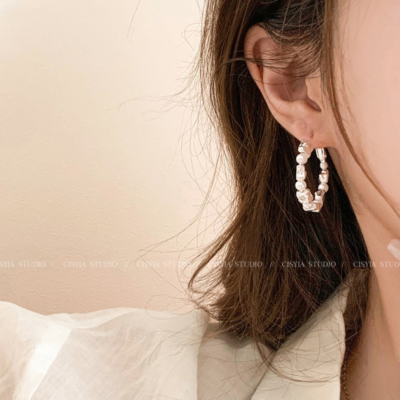 Earring Hoop Super Flash Broken Silver Circle Pearl XEA1906