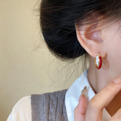 Earring Hoop Double Layer Retro Wine Red Contrasting Geometric Circle XEA2018