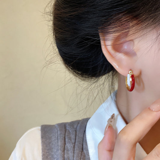 Earring Hoop Double Layer Retro Wine Red Contrasting Geometric Circle XEA2018