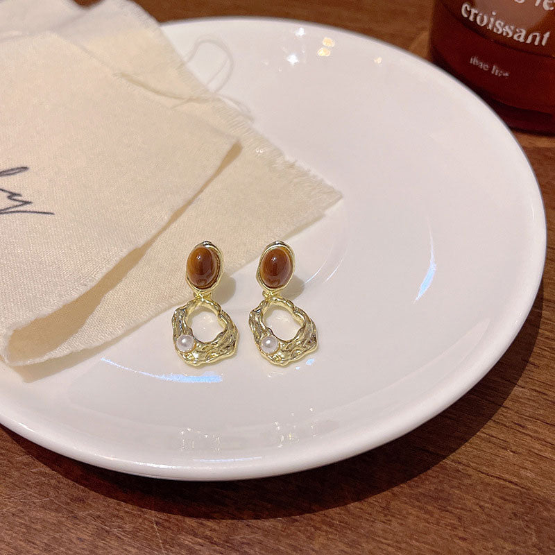Earring Stud Retro Maillard Tiger Eye Stone XEA2089