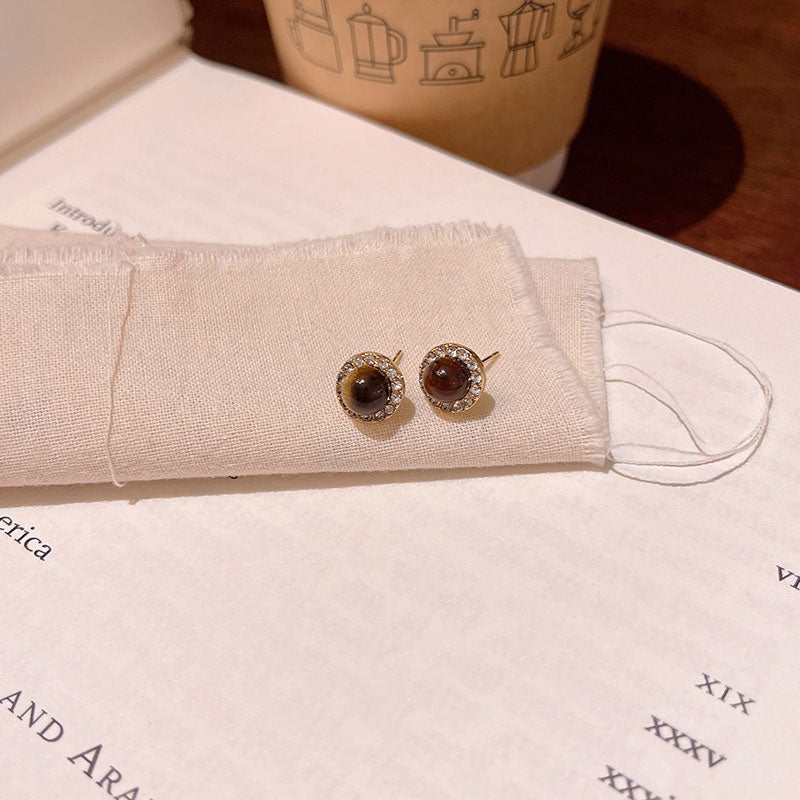 Earring Stud Delicate and Small Maillard Tiger Eye Stone XEA2097
