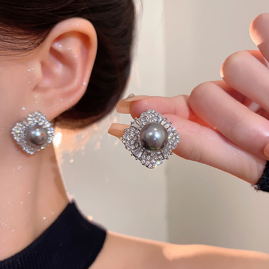 Earring Stud Light Luxury Niche Diamond Gray Pearl XEA2183