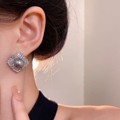 Earring Stud Light Luxury Niche Diamond Gray Pearl XEA2183