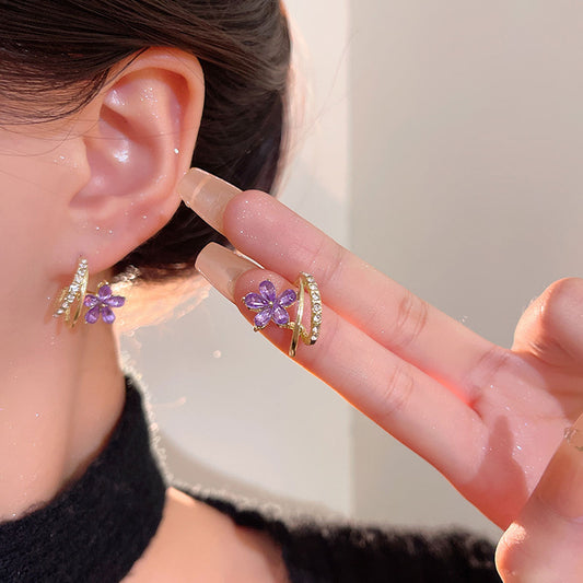 Earring Stud Niche High End Purple Zircon Flower XEA2186