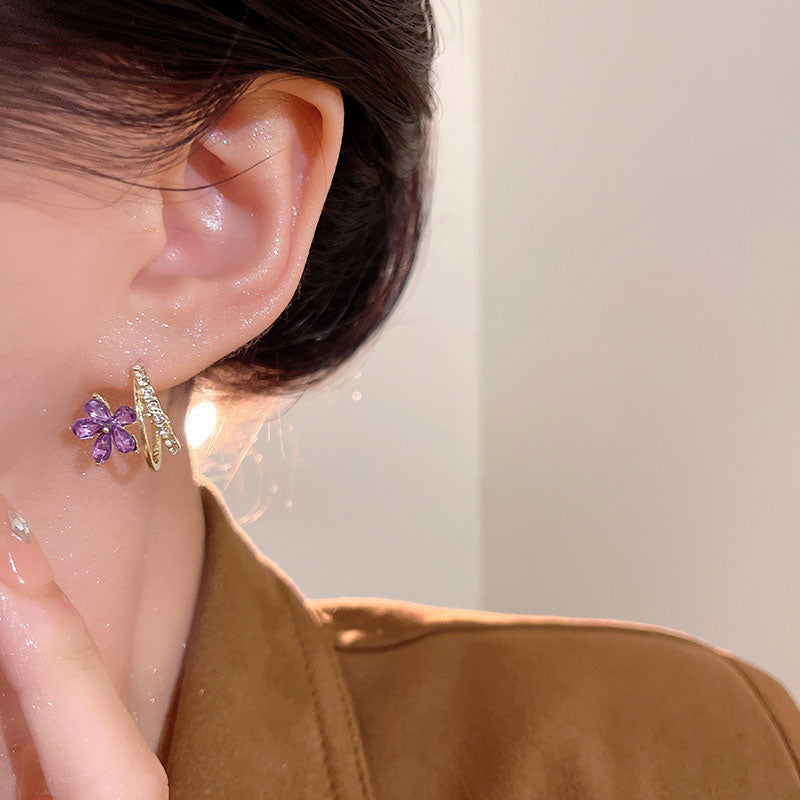Earring Stud Niche High End Purple Zircon Flower XEA2186