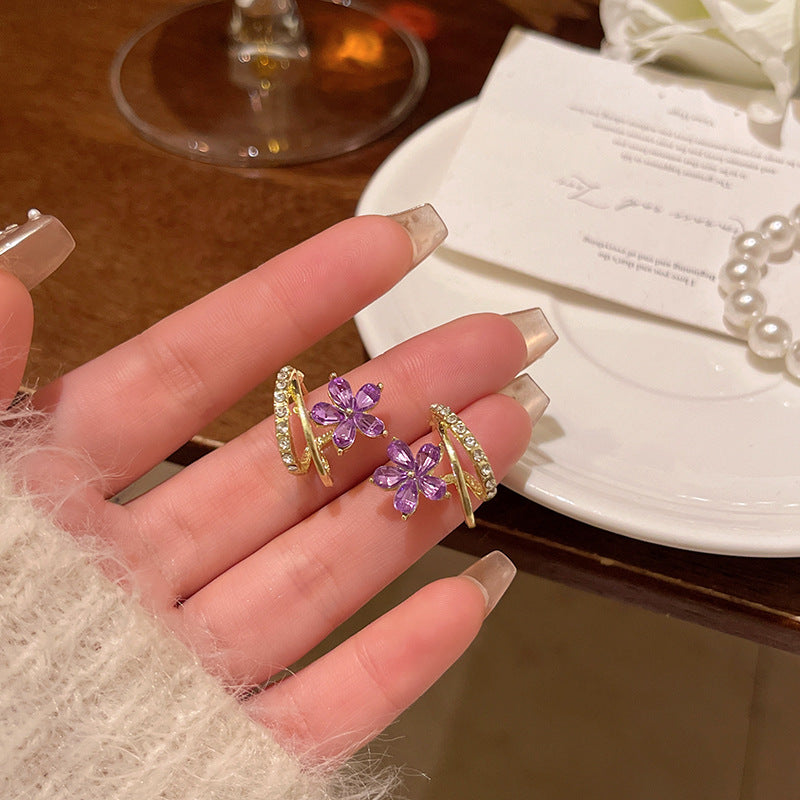 Earring Stud Niche High End Purple Zircon Flower XEA2186
