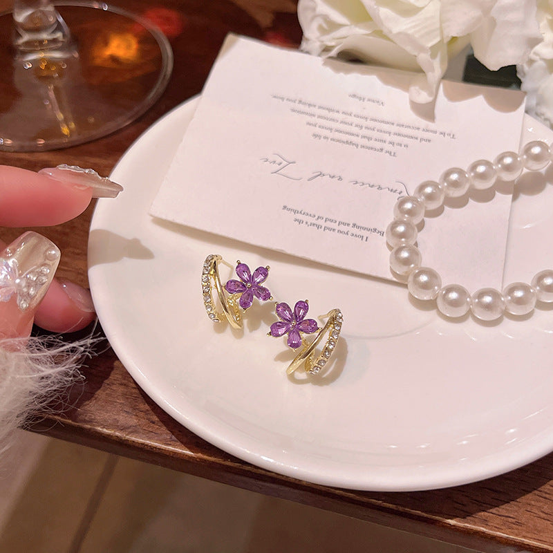 Earring Stud Niche High End Purple Zircon Flower XEA2186