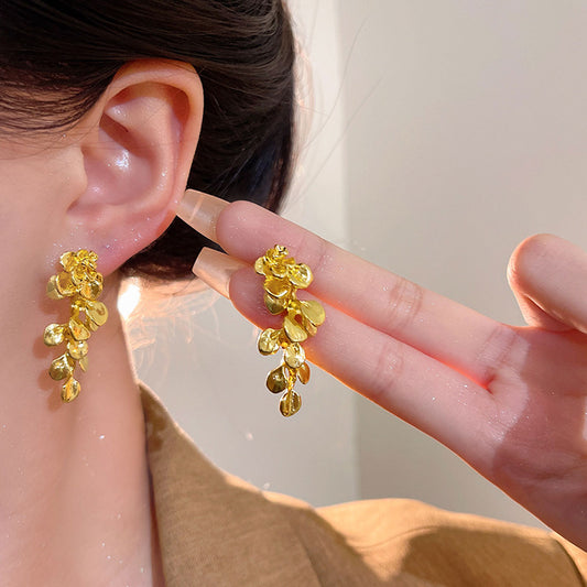 Earring Stud Long Light Luxury Niche High End Metallic Leaf XEA2188