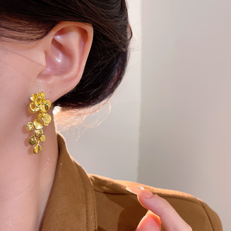 Earring Stud Long Light Luxury Niche High End Metallic Leaf XEA2188