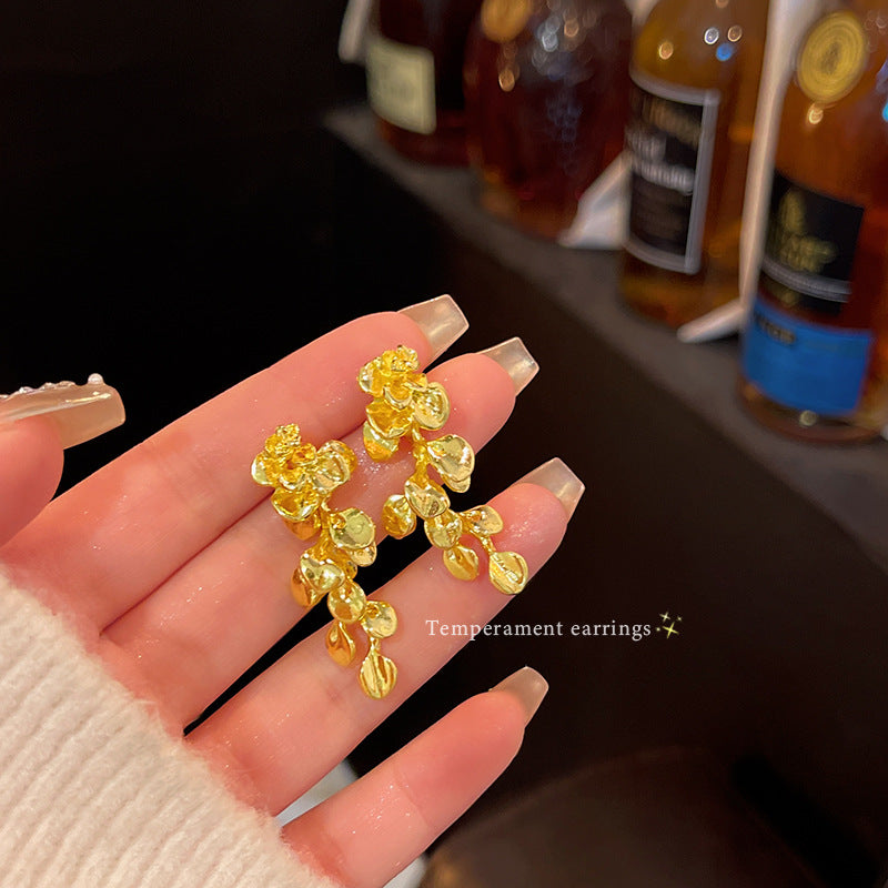 Earring Stud Long Light Luxury Niche High End Metallic Leaf XEA2188