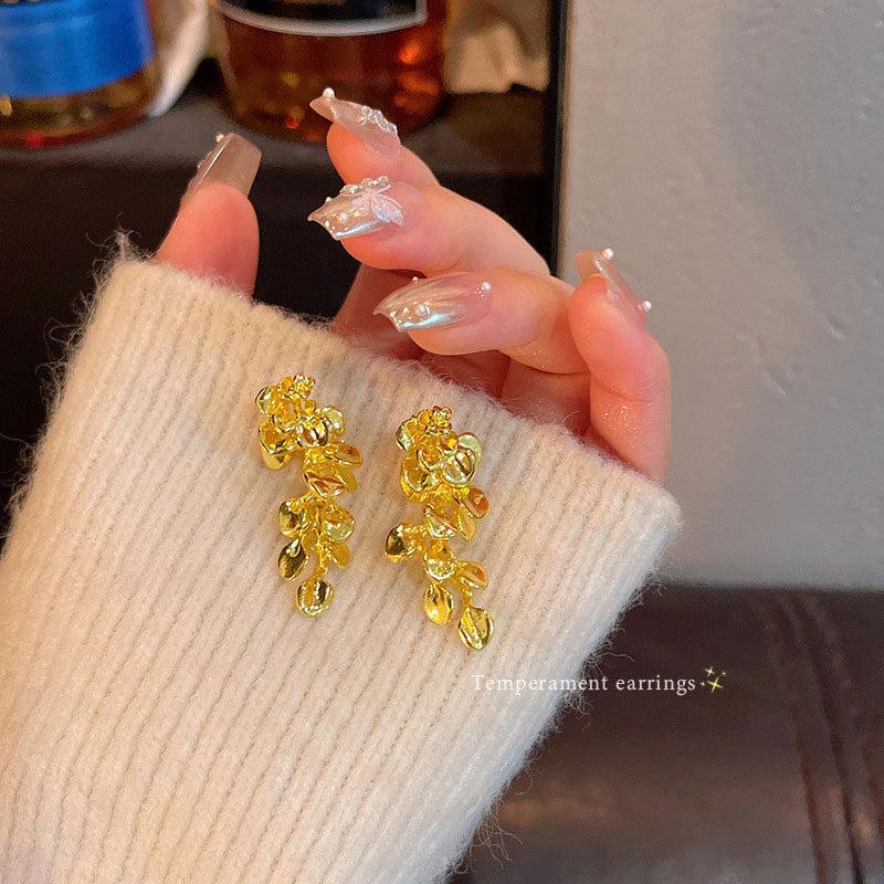 Earring Stud Long Light Luxury Niche High End Metallic Leaf XEA2188
