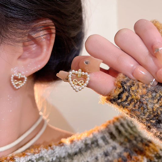Earring Stud Love Heart Pearl Sweet Hollow Bow XEE5778