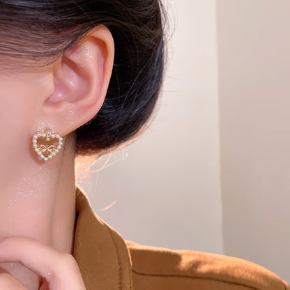 Earring Stud Love Heart Pearl Sweet Hollow Bow XEE5778