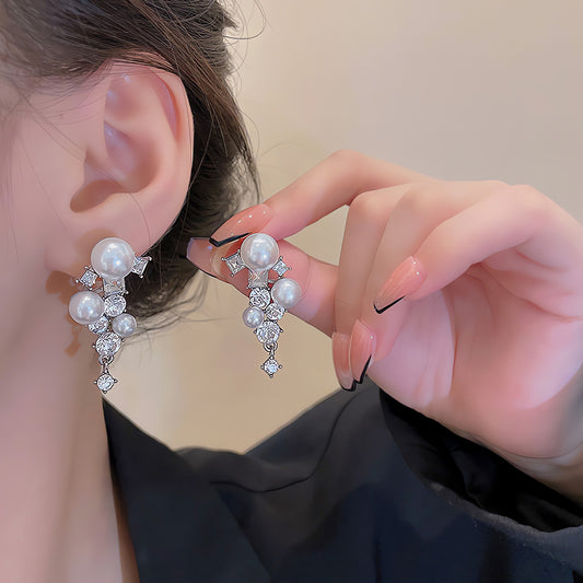 Earring Stud Long Exquisite Zircon Pearl XLA0506