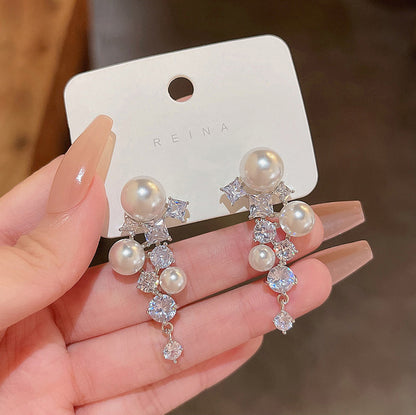 Earring Stud Long Exquisite Zircon Pearl XLA0506