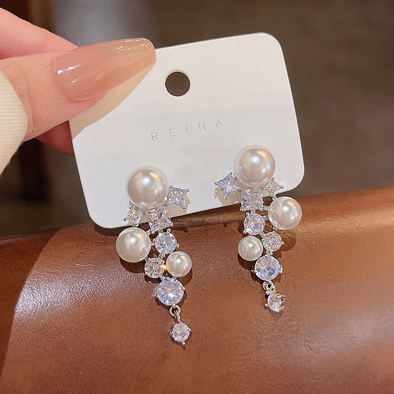 Earring Stud Long Exquisite Zircon Pearl XLA0506