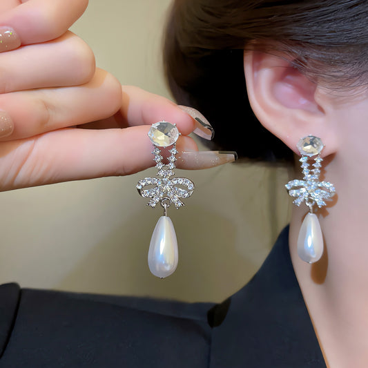 Earring Stud Long Niche Temperament Bow Drop XLA0653