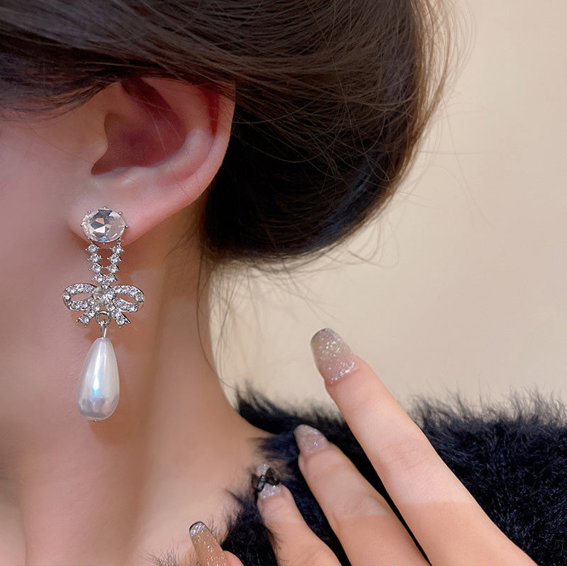 Earring Stud Long Niche Temperament Bow Drop XLA0653