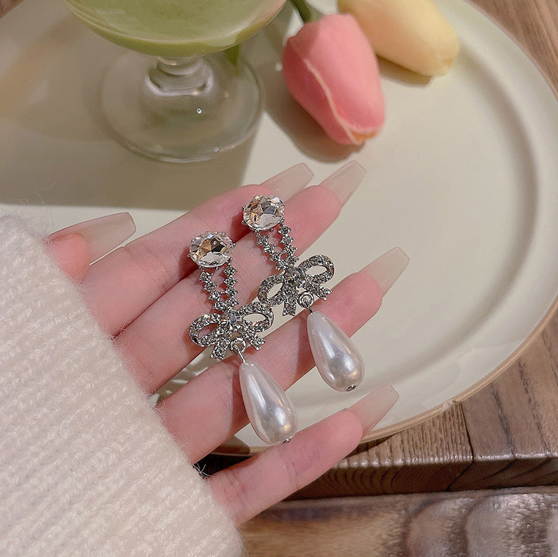 Earring Stud Long Niche Temperament Bow Drop XLA0653