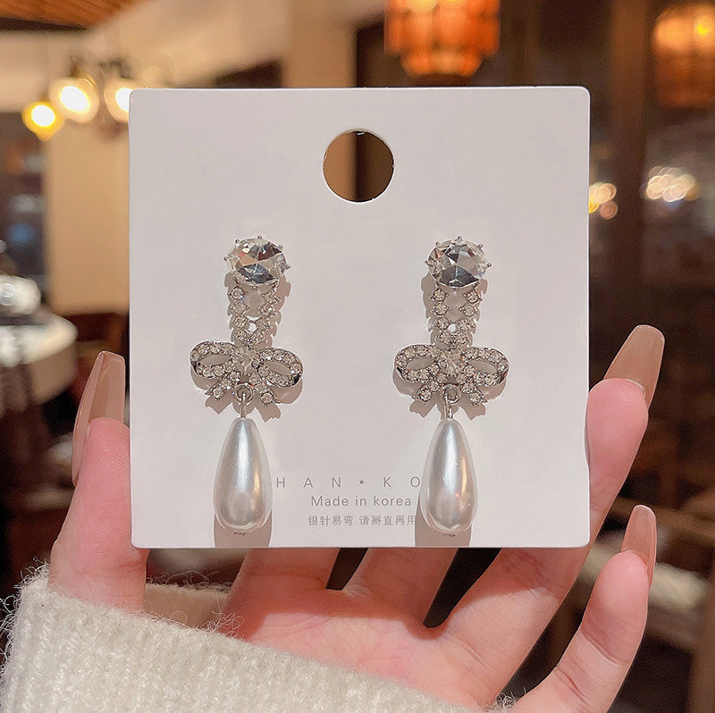 Earring Stud Long Niche Temperament Bow Drop XLA0653
