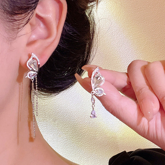 Earring Stud Long Cool Style Super Flash Rhinestone Butterfly Tassel XLA1249
