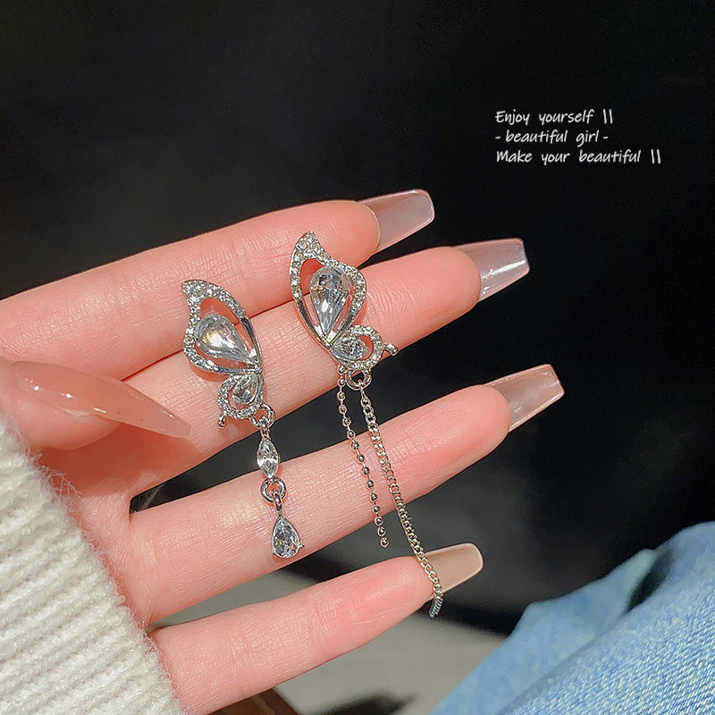 Earring Stud Long Cool Style Super Flash Rhinestone Butterfly Tassel XLA1249