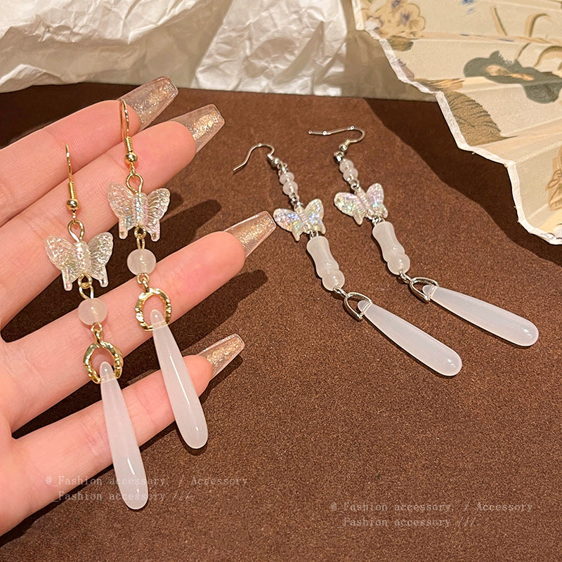 Earring Stud Long Retro Tassel Chalcedony Butterfly XLA1541
