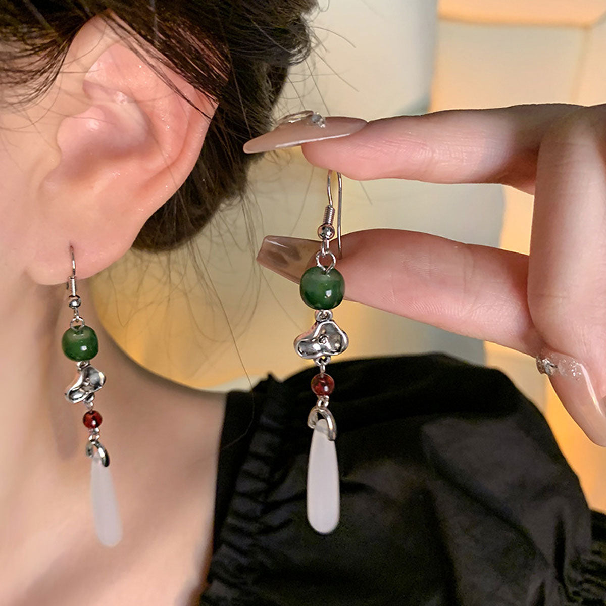 Earring Stud Long Retro Chalcedony Tassel XLA1543