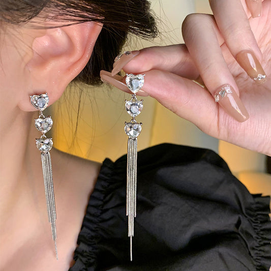 Earring Stud Long Versatile Temperament Tassel Diamond Heart XLA1632